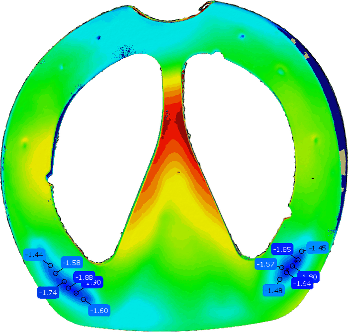 Loading map of a left front pad — both heels loading evenly